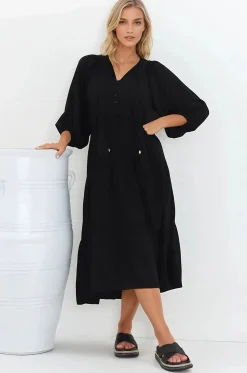 Kamali Midi Dress - Batwing Sleeve Smock Dress with Lace Detailing in Black><noscript><img width=