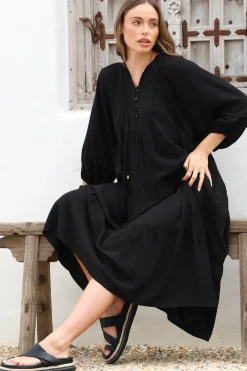Kamali Midi Dress - Batwing Sleeve Smock Dress with Lace Detailing in Black><noscript><img width=