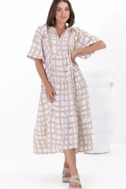 Kamali Midi Dress - Batwing Sleeve Smock Dress with Lace Detailing in Beth Print Beige>Salty Crush Sale