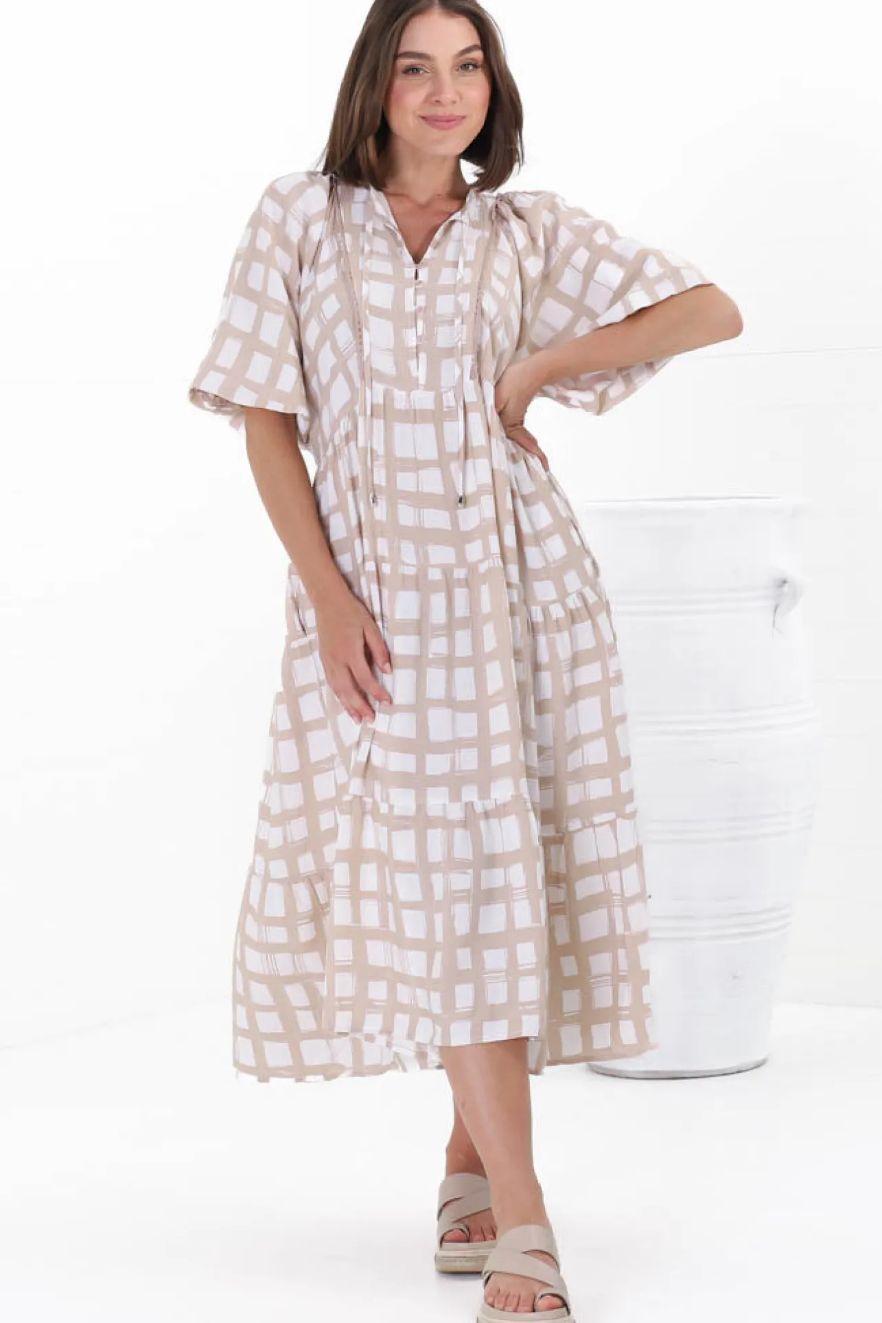 Kamali Midi Dress - Batwing Sleeve Smock Dress with Lace Detailing in Beth Print Beige>Salty Crush Sale