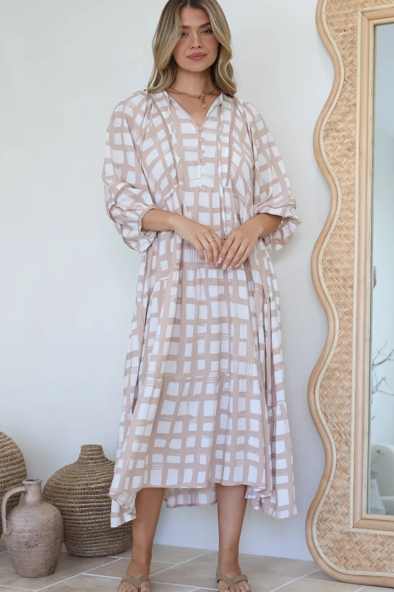 Kamali Midi Dress - Batwing Sleeve Smock Dress with Lace Detailing in Beth Print Beige>Salty Crush Sale