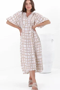 Kamali Midi Dress - Batwing Sleeve Smock Dress with Lace Detailing in Beth Print Beige><noscript><img width=