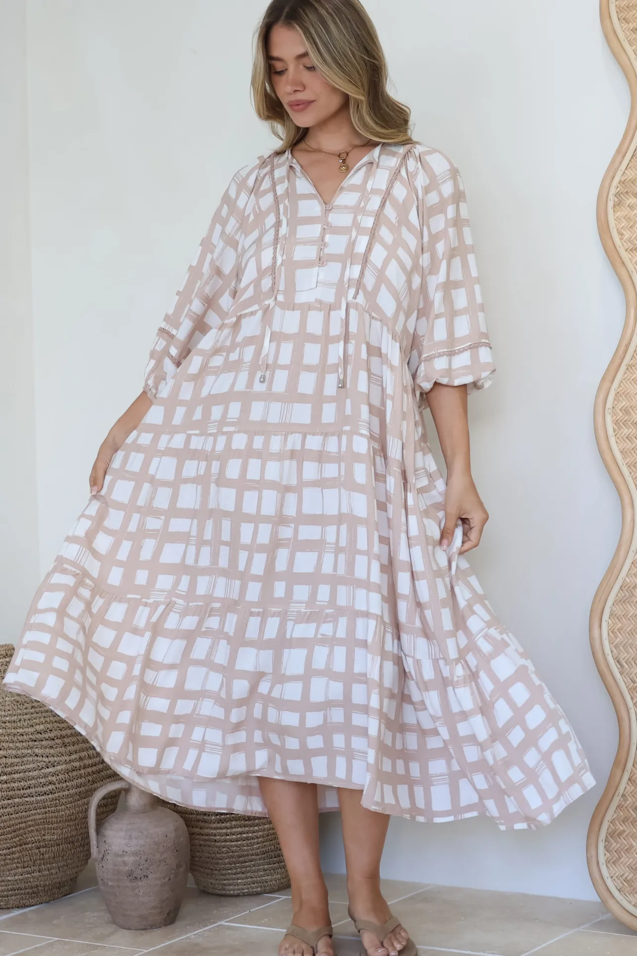 Kamali Midi Dress - Batwing Sleeve Smock Dress with Lace Detailing in Beth Print Beige>Salty Crush Sale