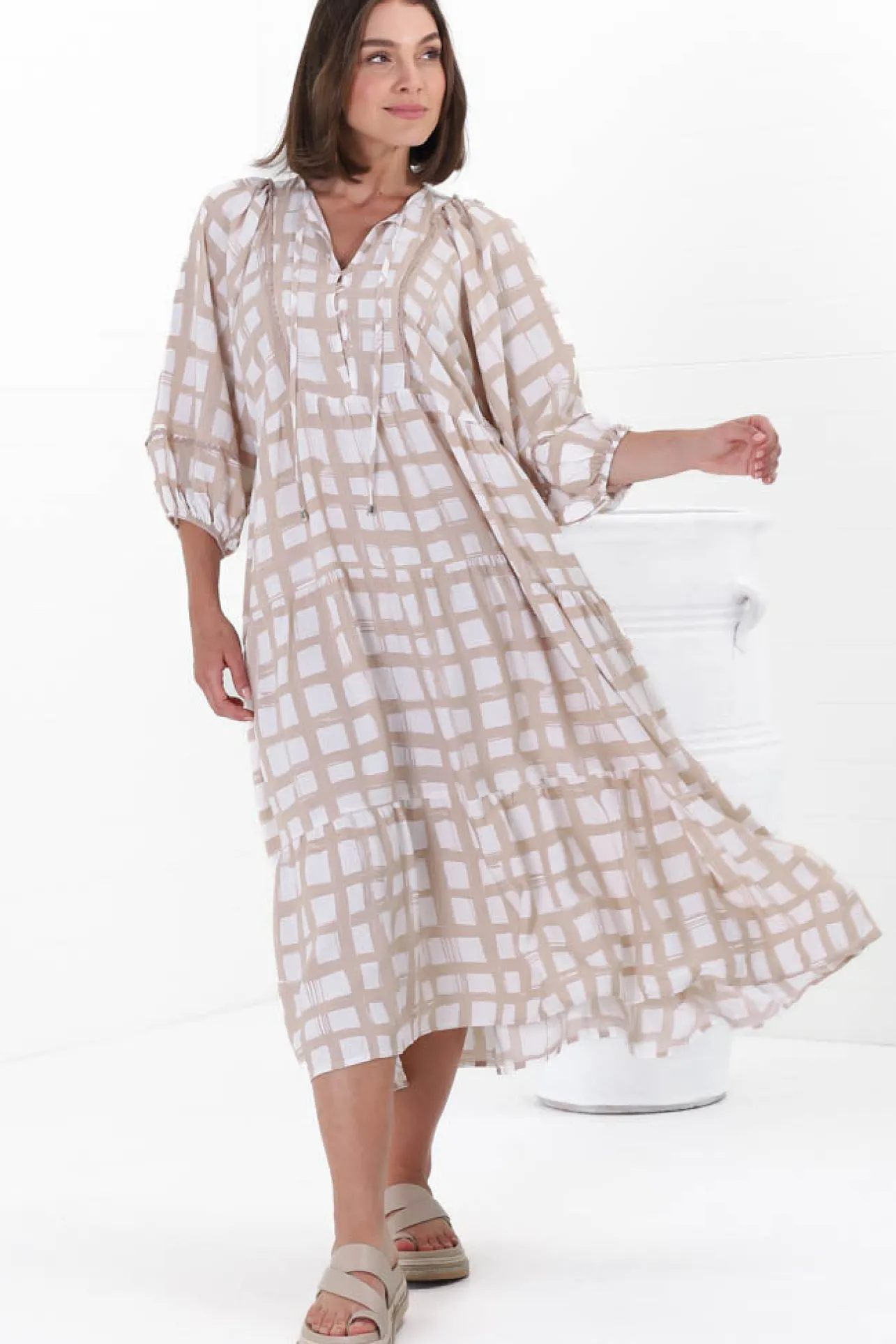 Kamali Midi Dress - Batwing Sleeve Smock Dress with Lace Detailing in Beth Print Beige>Salty Crush Sale