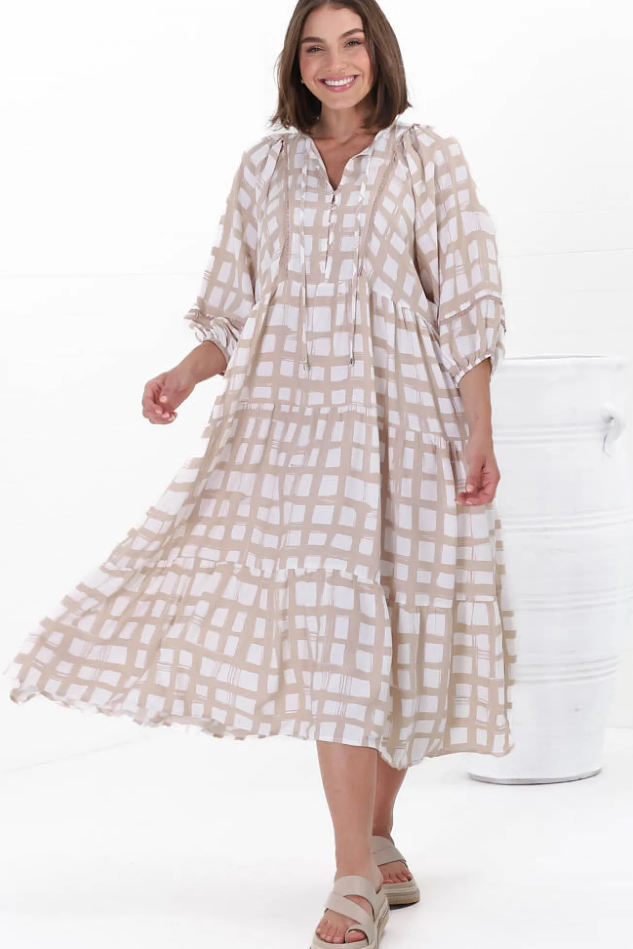 Kamali Midi Dress - Batwing Sleeve Smock Dress with Lace Detailing in Beth Print Beige>Salty Crush Sale