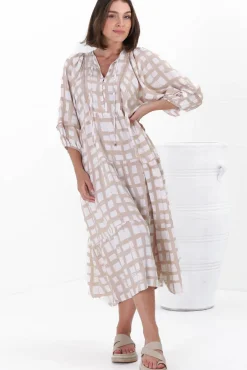 Kamali Midi Dress - Batwing Sleeve Smock Dress with Lace Detailing in Beth Print Beige><noscript><img width=