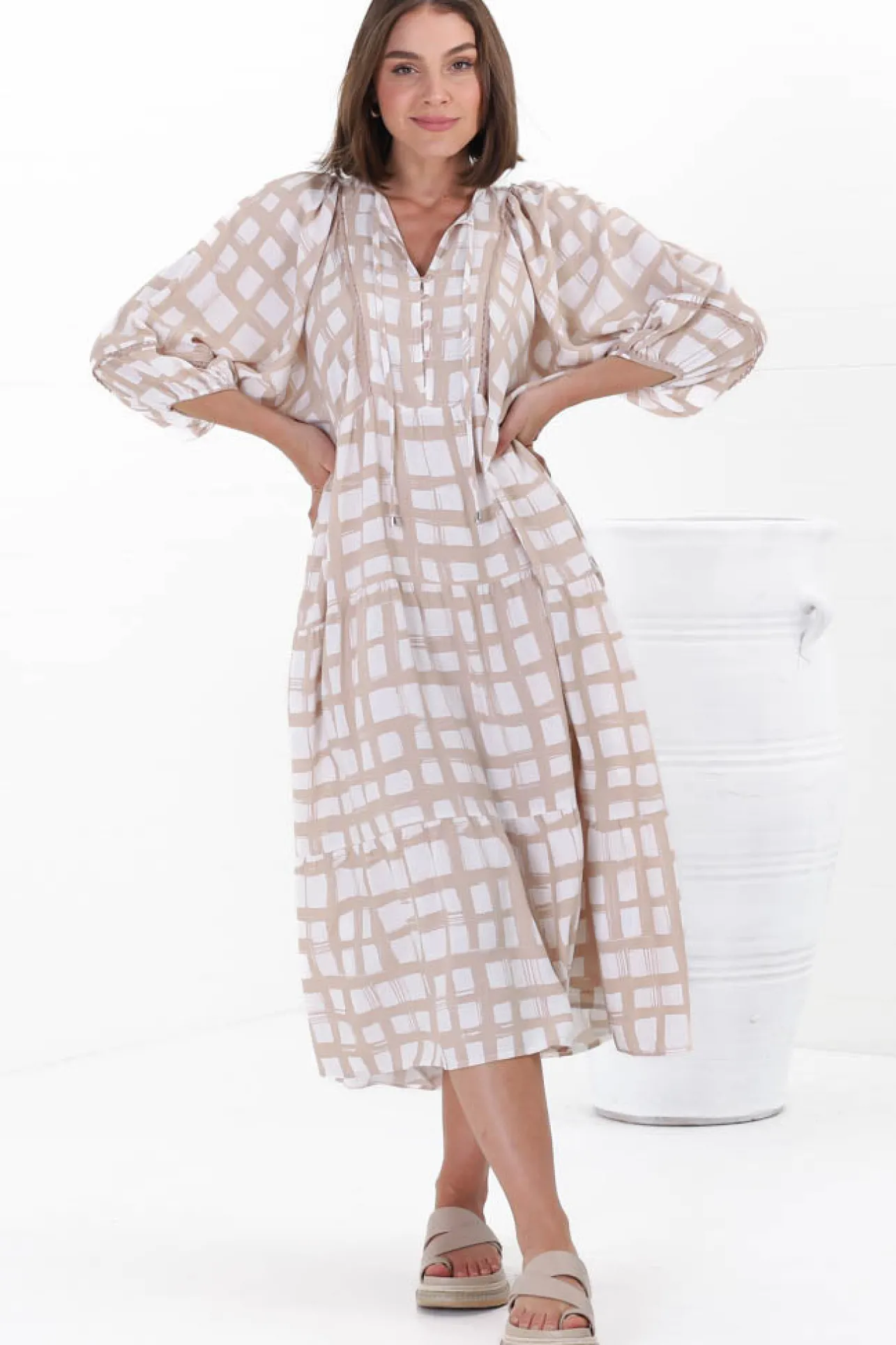 Kamali Midi Dress - Batwing Sleeve Smock Dress with Lace Detailing in Beth Print Beige>Salty Crush Sale
