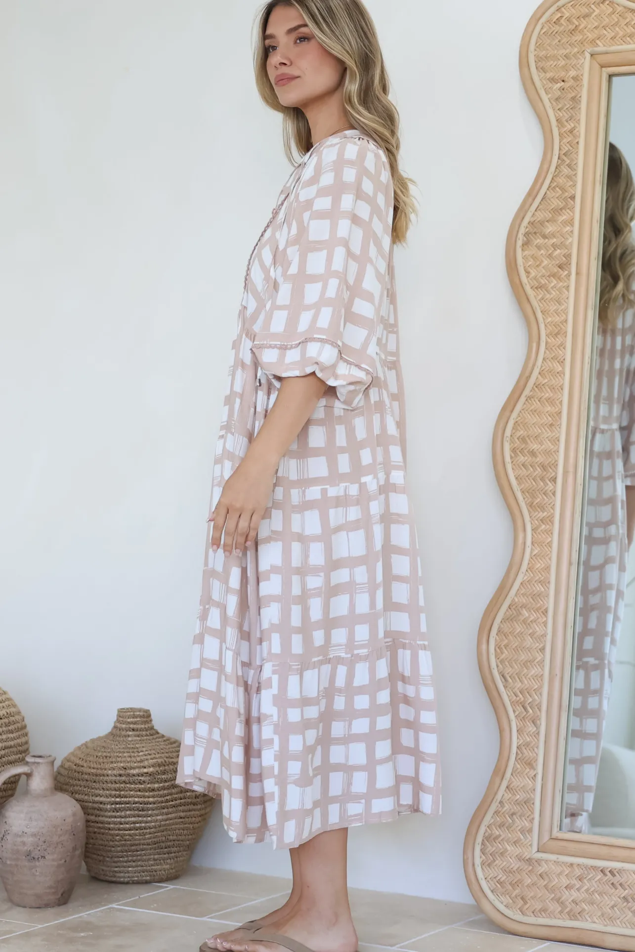 Kamali Midi Dress - Batwing Sleeve Smock Dress with Lace Detailing in Beth Print Beige>Salty Crush Sale