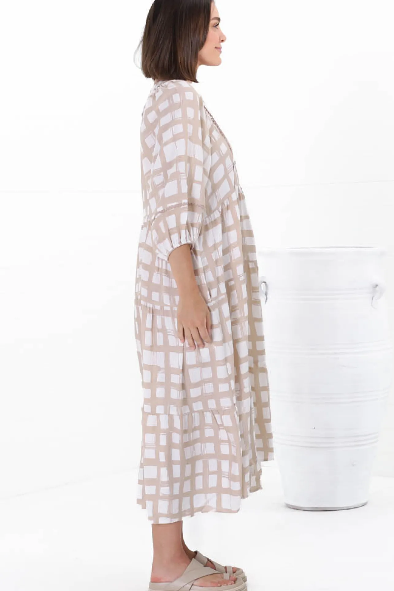 Kamali Midi Dress - Batwing Sleeve Smock Dress with Lace Detailing in Beth Print Beige>Salty Crush Sale