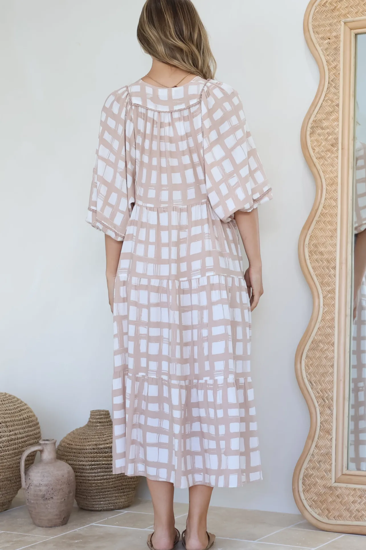 Kamali Midi Dress - Batwing Sleeve Smock Dress with Lace Detailing in Beth Print Beige>Salty Crush Sale
