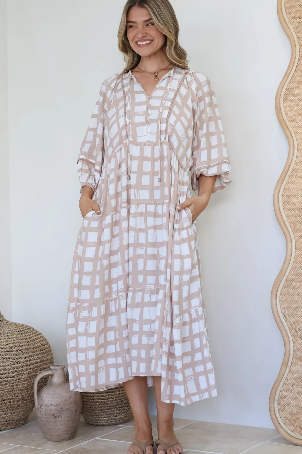 Kamali Midi Dress - Batwing Sleeve Smock Dress with Lace Detailing in Beth Print Beige>Salty Crush Sale