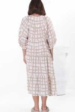 Kamali Midi Dress - Batwing Sleeve Smock Dress with Lace Detailing in Beth Print Beige><noscript><img width=