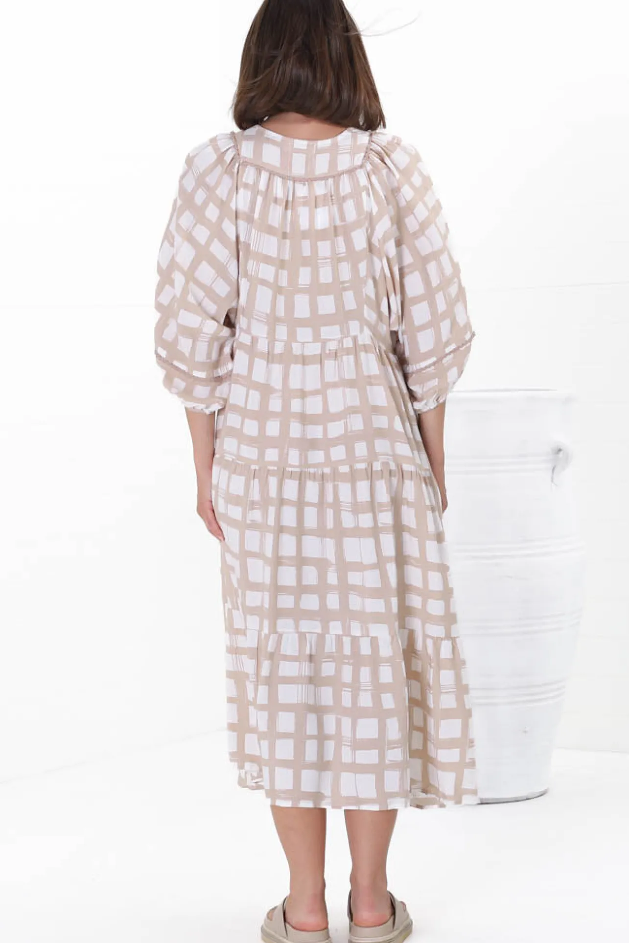 Kamali Midi Dress - Batwing Sleeve Smock Dress with Lace Detailing in Beth Print Beige>Salty Crush Sale
