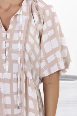 Kamali Midi Dress - Batwing Sleeve Smock Dress with Lace Detailing in Beth Print Beige><noscript><img width=
