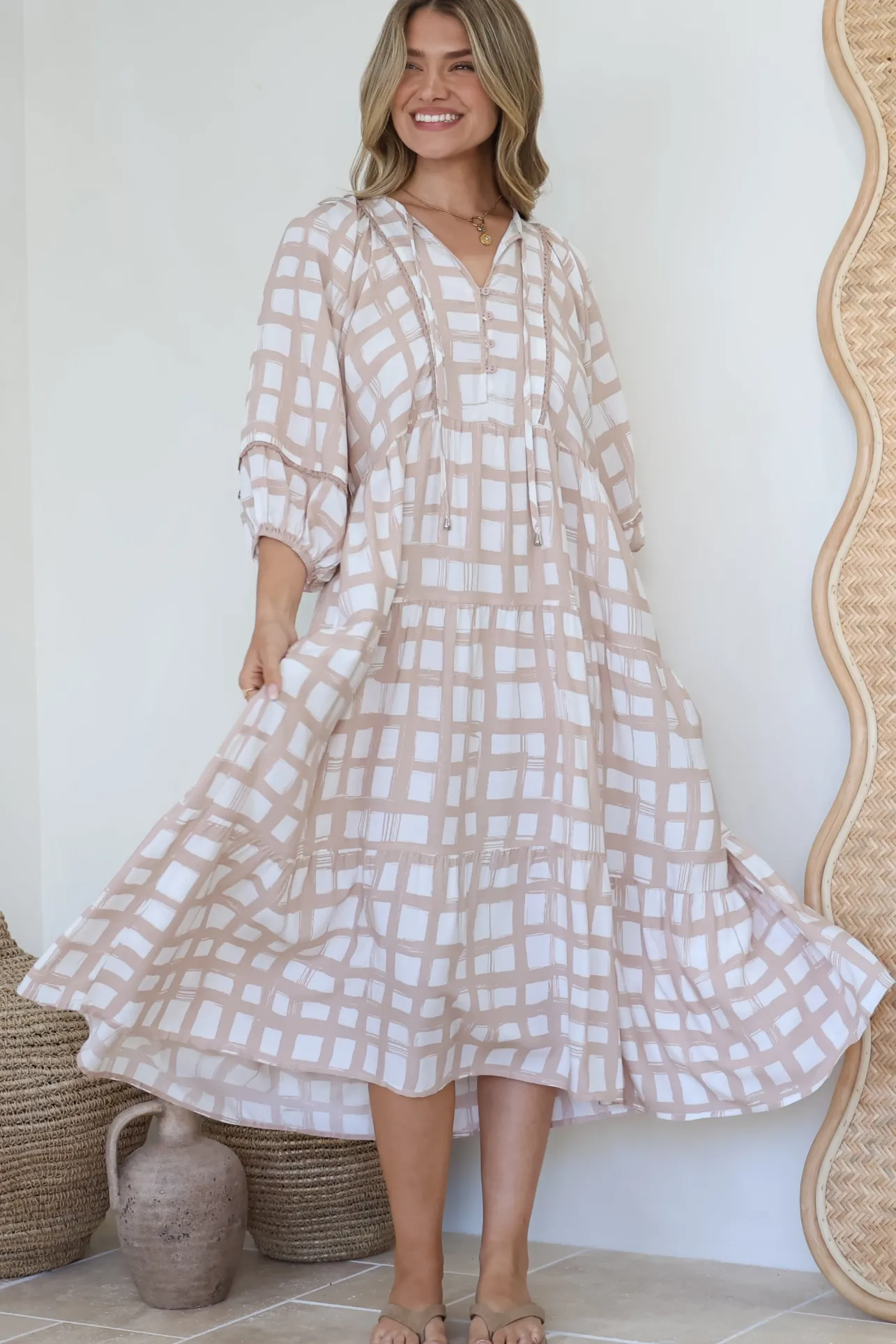 Kamali Midi Dress - Batwing Sleeve Smock Dress with Lace Detailing in Beth Print Beige>Salty Crush Sale