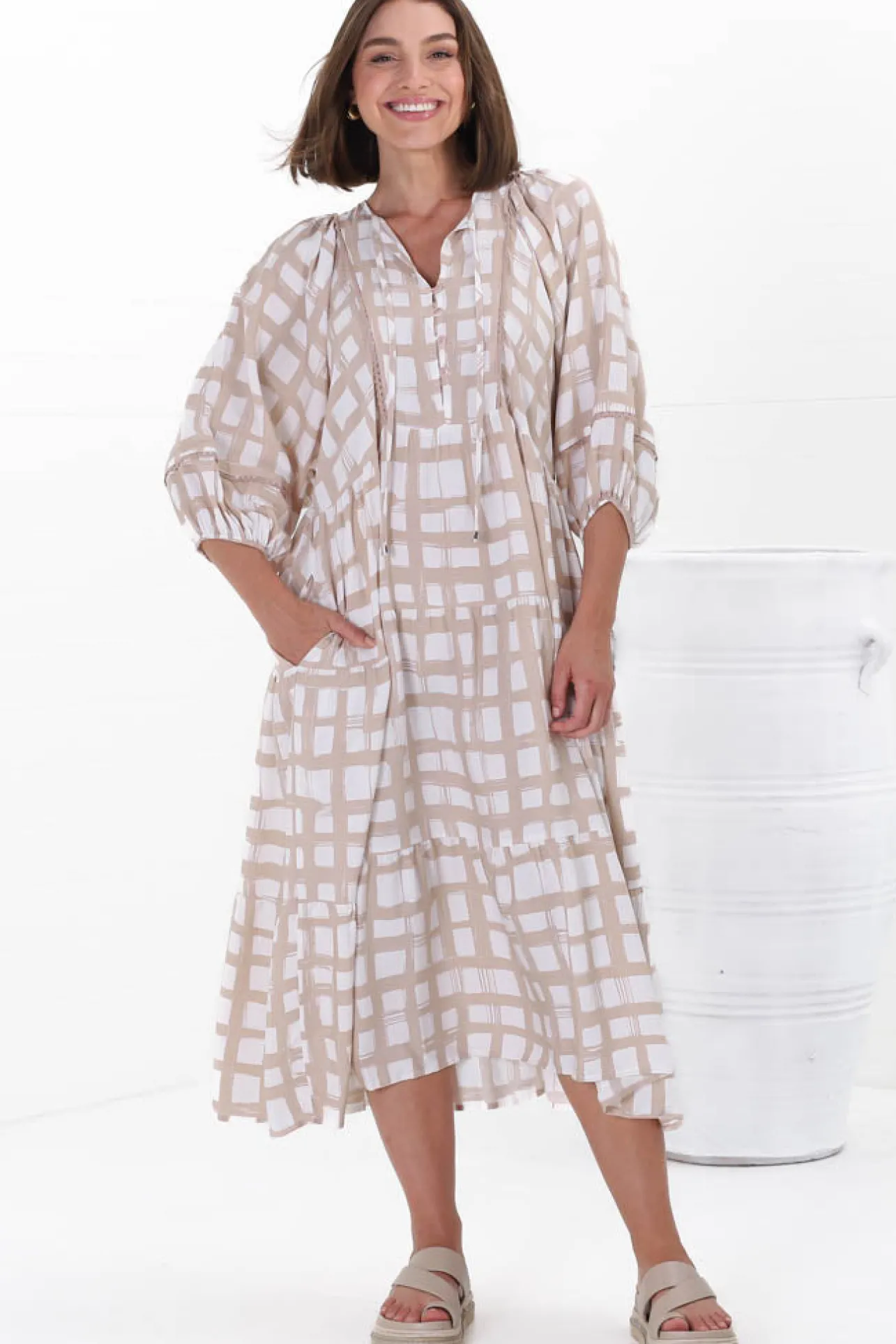 Kamali Midi Dress - Batwing Sleeve Smock Dress with Lace Detailing in Beth Print Beige>Salty Crush Sale
