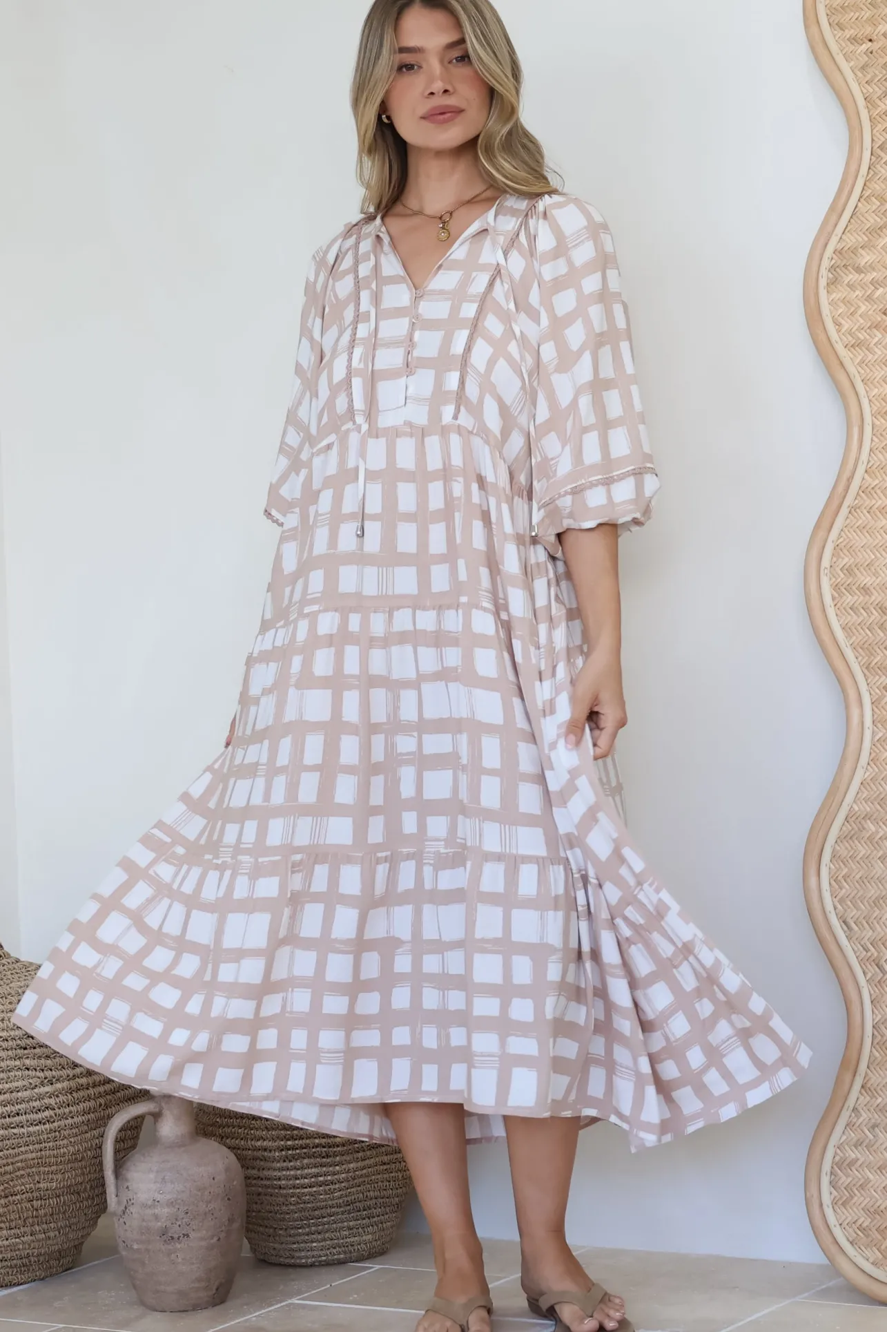 Kamali Midi Dress - Batwing Sleeve Smock Dress with Lace Detailing in Beth Print Beige>Salty Crush Sale