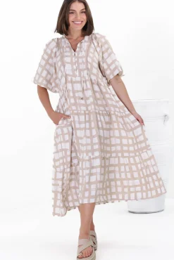 Kamali Midi Dress - Batwing Sleeve Smock Dress with Lace Detailing in Beth Print Beige><noscript><img width=