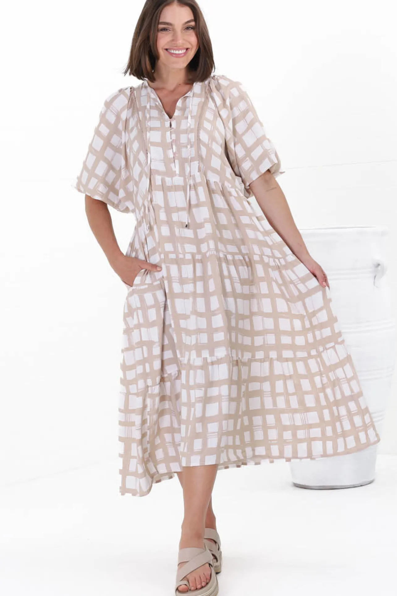 Kamali Midi Dress - Batwing Sleeve Smock Dress with Lace Detailing in Beth Print Beige>Salty Crush Sale
