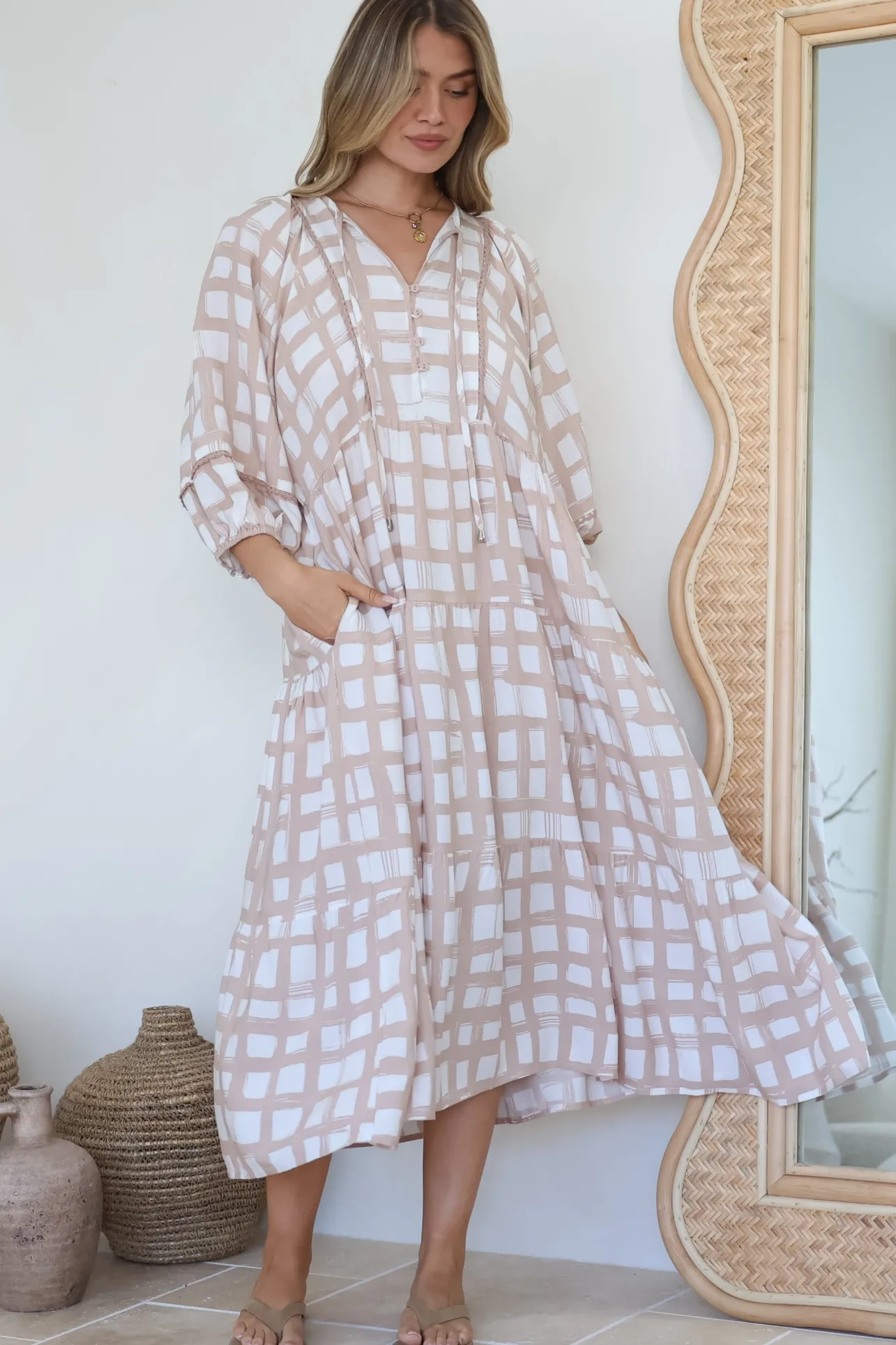 Kamali Midi Dress - Batwing Sleeve Smock Dress with Lace Detailing in Beth Print Beige>Salty Crush Sale