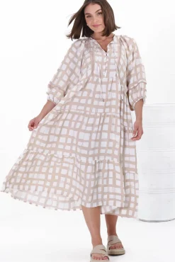 Kamali Midi Dress - Batwing Sleeve Smock Dress with Lace Detailing in Beth Print Beige><noscript><img width=