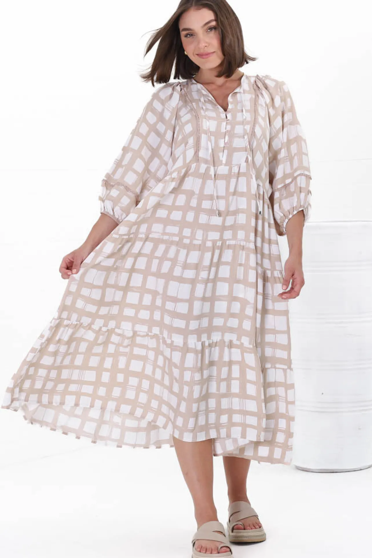 Kamali Midi Dress - Batwing Sleeve Smock Dress with Lace Detailing in Beth Print Beige>Salty Crush Sale