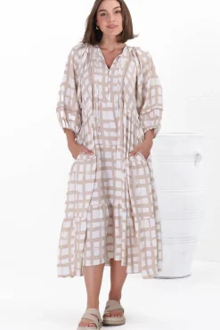Kamali Midi Dress - Batwing Sleeve Smock Dress with Lace Detailing in Beth Print Beige><noscript><img width=