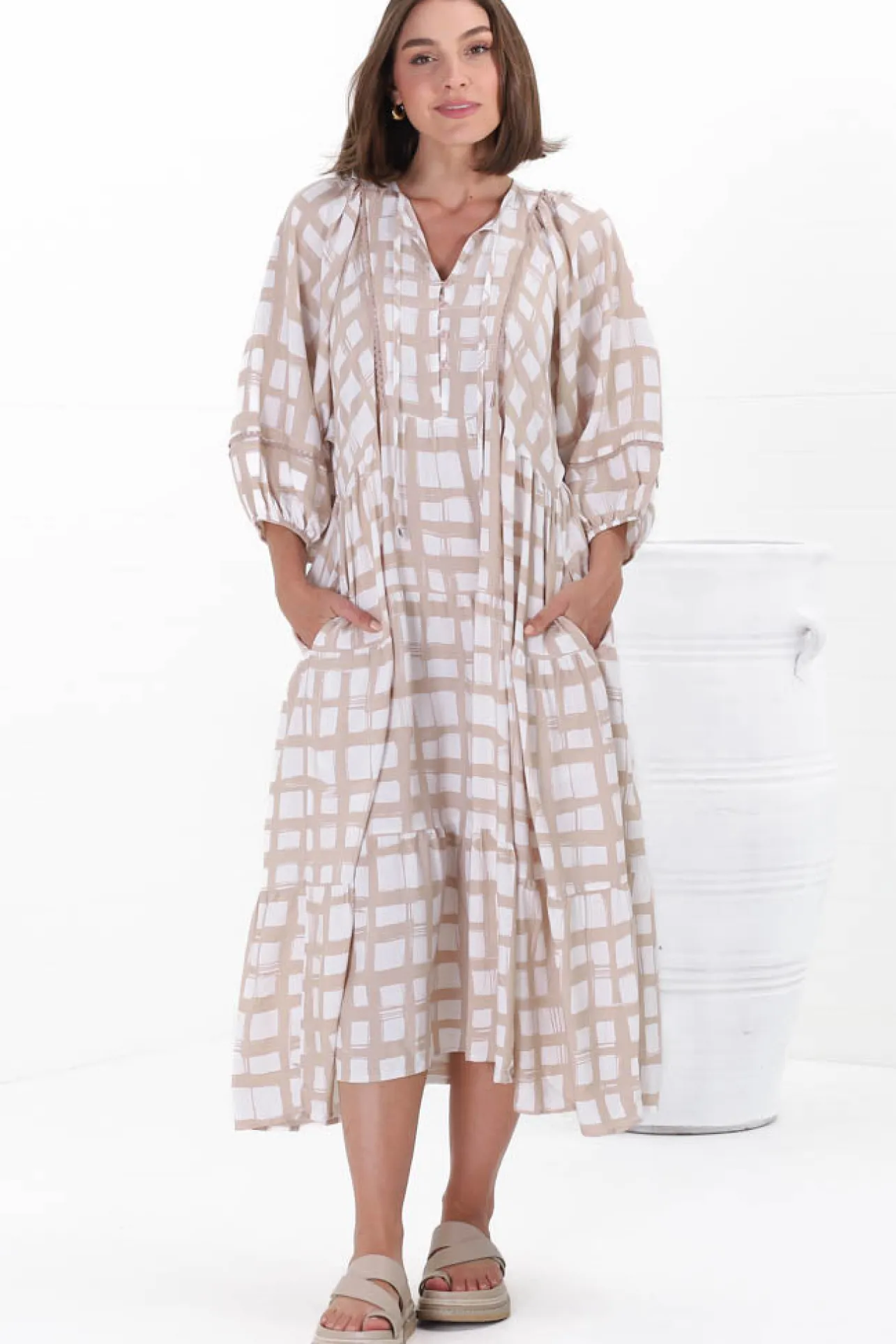 Kamali Midi Dress - Batwing Sleeve Smock Dress with Lace Detailing in Beth Print Beige>Salty Crush Sale