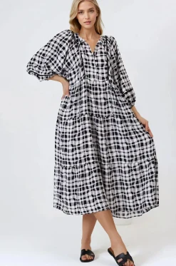 Kamali Midi Dress - Batwing Sleeve Smock Dress with Lace Detailing in Liniker Print Black>Salty Crush Online