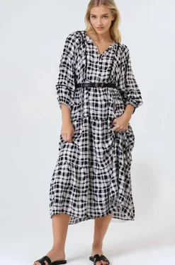 Kamali Midi Dress - Batwing Sleeve Smock Dress with Lace Detailing in Liniker Print Black>Salty Crush Online