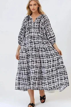 Kamali Midi Dress - Batwing Sleeve Smock Dress with Lace Detailing in Liniker Print Black><noscript><img width=