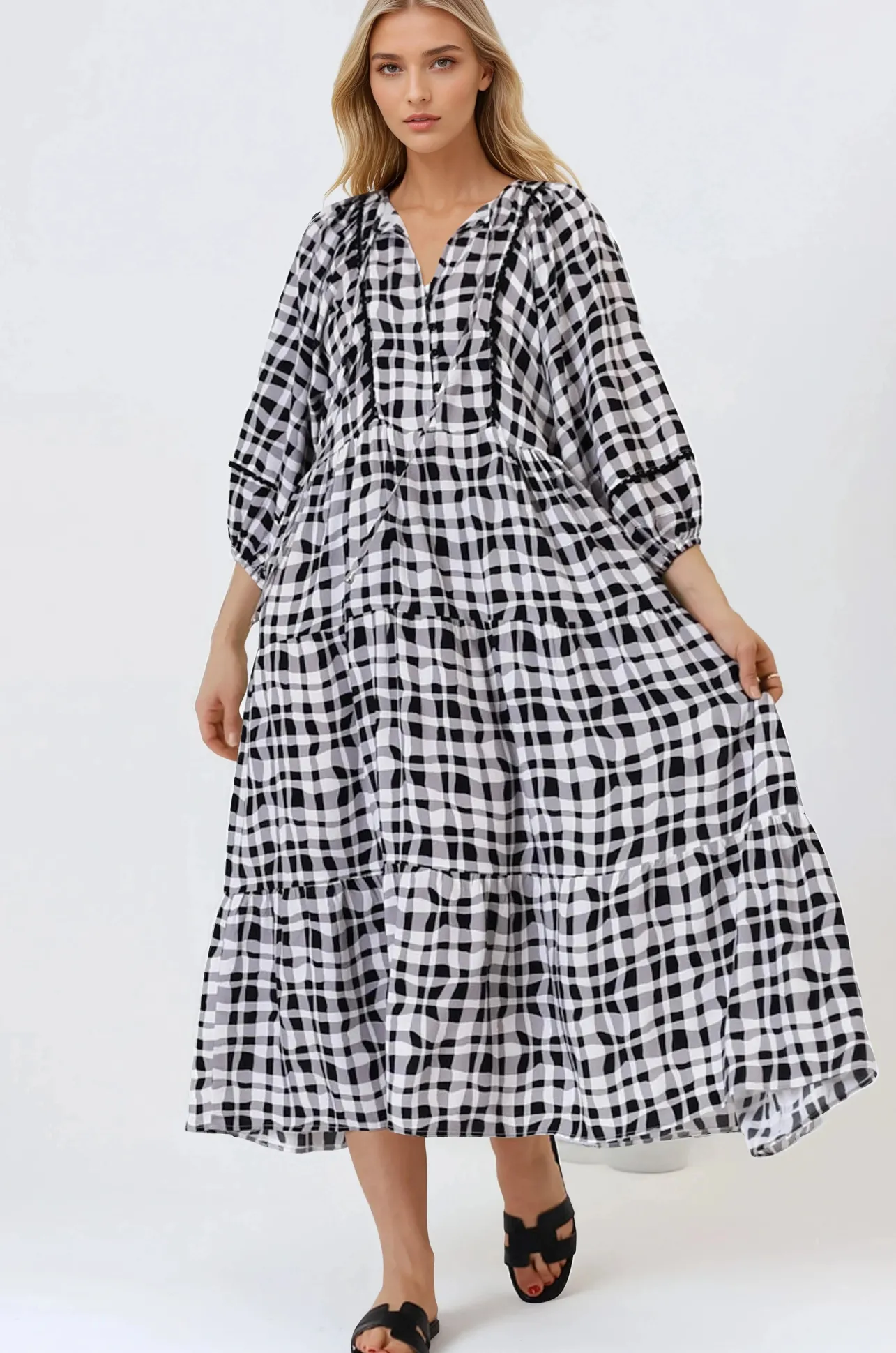 Kamali Midi Dress - Batwing Sleeve Smock Dress with Lace Detailing in Liniker Print Black>Salty Crush Online