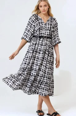 Kamali Midi Dress - Batwing Sleeve Smock Dress with Lace Detailing in Liniker Print Black><noscript><img width=