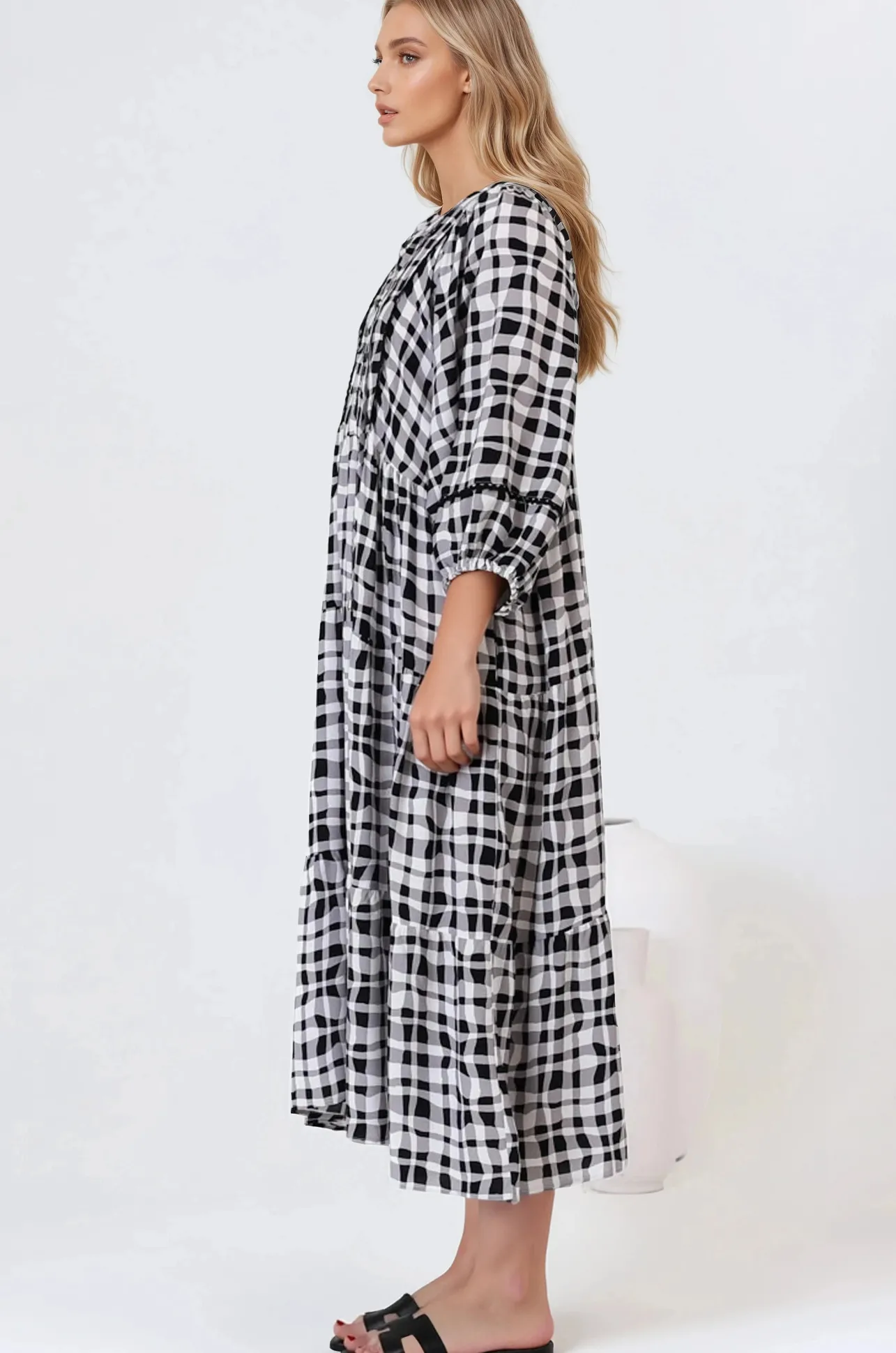 Kamali Midi Dress - Batwing Sleeve Smock Dress with Lace Detailing in Liniker Print Black>Salty Crush Online