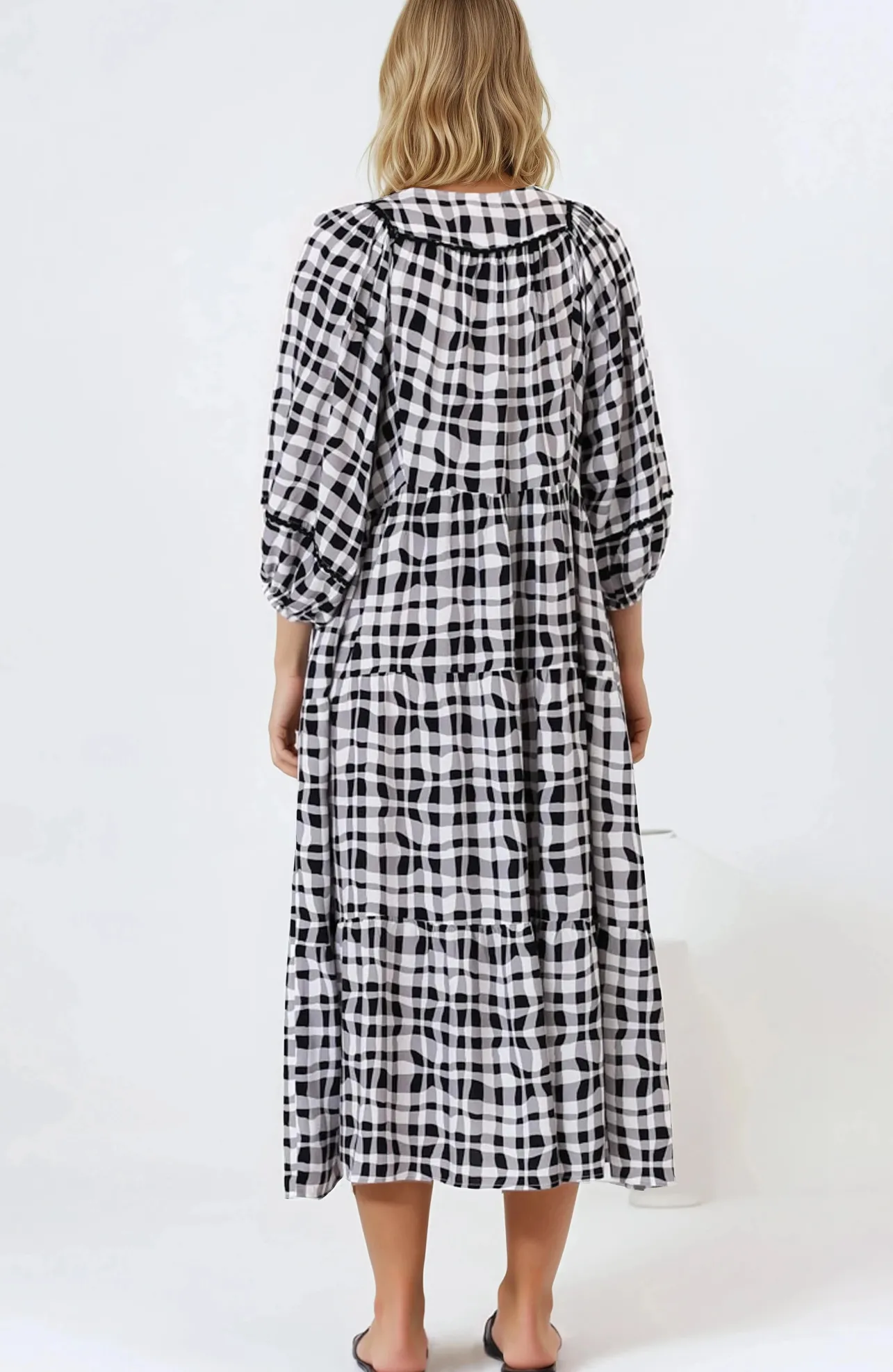 Kamali Midi Dress - Batwing Sleeve Smock Dress with Lace Detailing in Liniker Print Black>Salty Crush Online