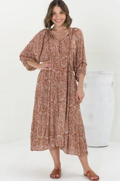 Kamali Midi Dress - Batwing Sleeve Smock Dress with Lace Detailing in Khalid Print Rust>Salty Crush Hot