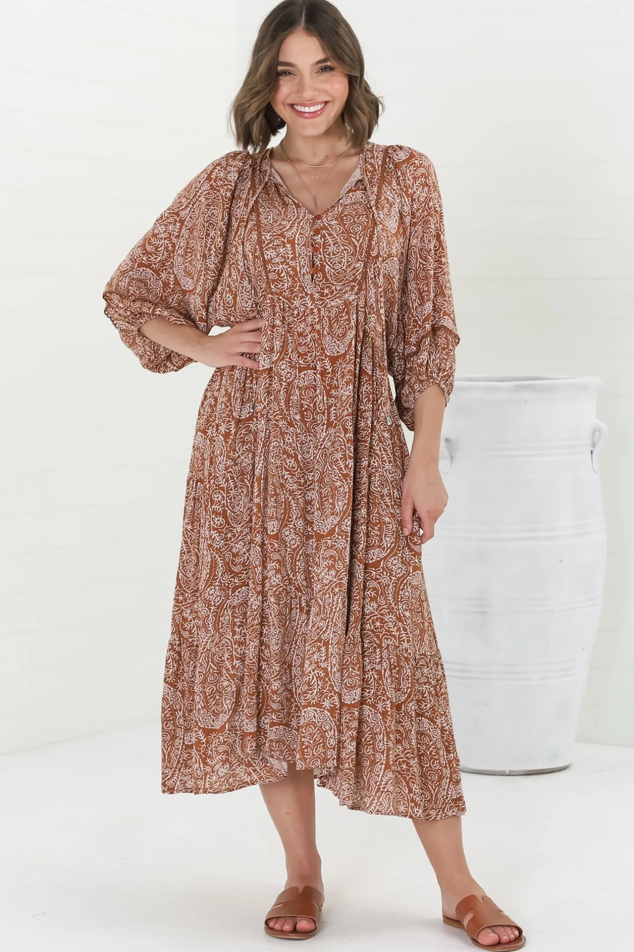 Kamali Midi Dress - Batwing Sleeve Smock Dress with Lace Detailing in Khalid Print Rust>Salty Crush Hot