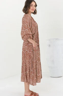 Kamali Midi Dress - Batwing Sleeve Smock Dress with Lace Detailing in Khalid Print Rust><noscript><img width=
