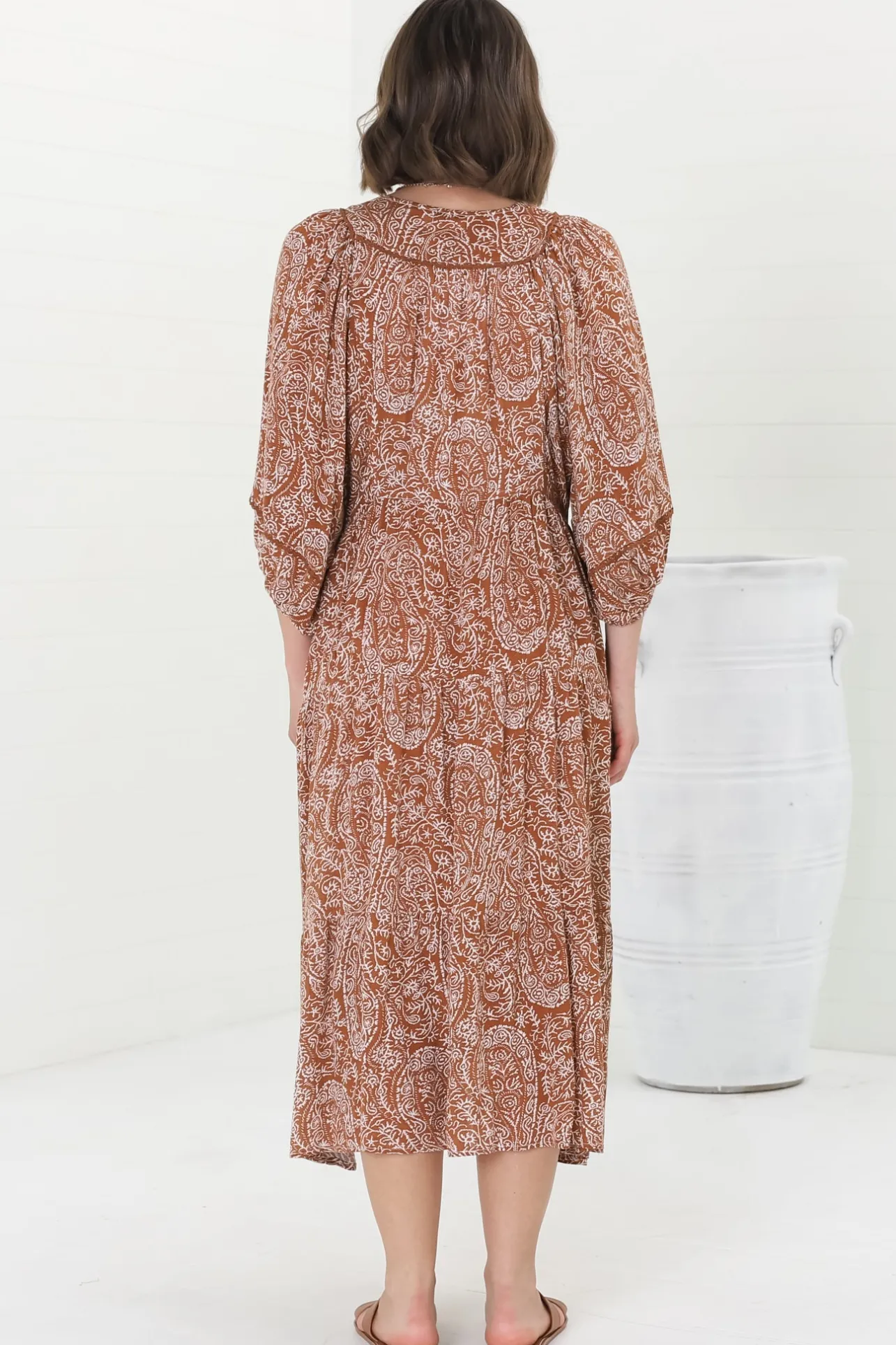Kamali Midi Dress - Batwing Sleeve Smock Dress with Lace Detailing in Khalid Print Rust>Salty Crush Hot