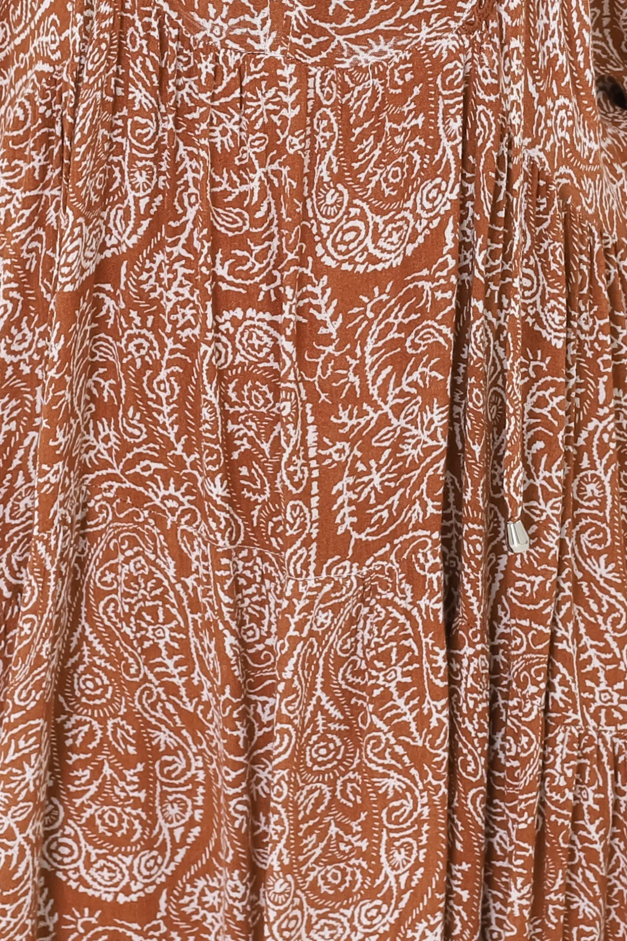 Kamali Midi Dress - Batwing Sleeve Smock Dress with Lace Detailing in Khalid Print Rust>Salty Crush Hot