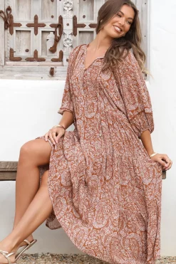 Kamali Midi Dress - Batwing Sleeve Smock Dress with Lace Detailing in Khalid Print Rust><noscript><img width=