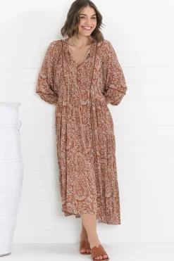 Kamali Midi Dress - Batwing Sleeve Smock Dress with Lace Detailing in Khalid Print Rust><noscript><img width=