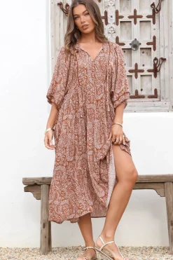 Kamali Midi Dress - Batwing Sleeve Smock Dress with Lace Detailing in Khalid Print Rust><noscript><img width=