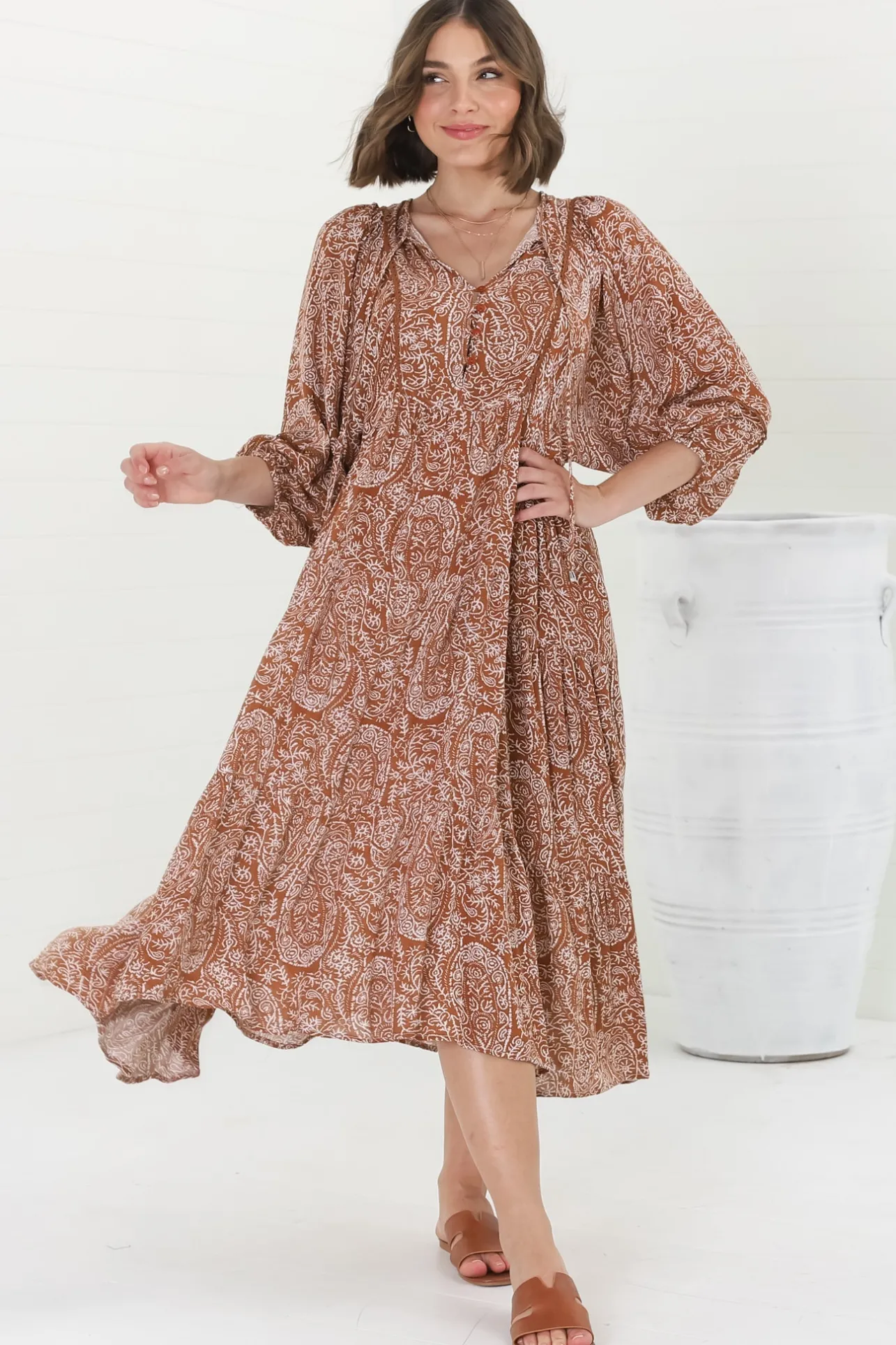 Kamali Midi Dress - Batwing Sleeve Smock Dress with Lace Detailing in Khalid Print Rust>Salty Crush Hot