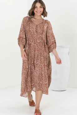Kamali Midi Dress - Batwing Sleeve Smock Dress with Lace Detailing in Khalid Print Rust><noscript><img width=