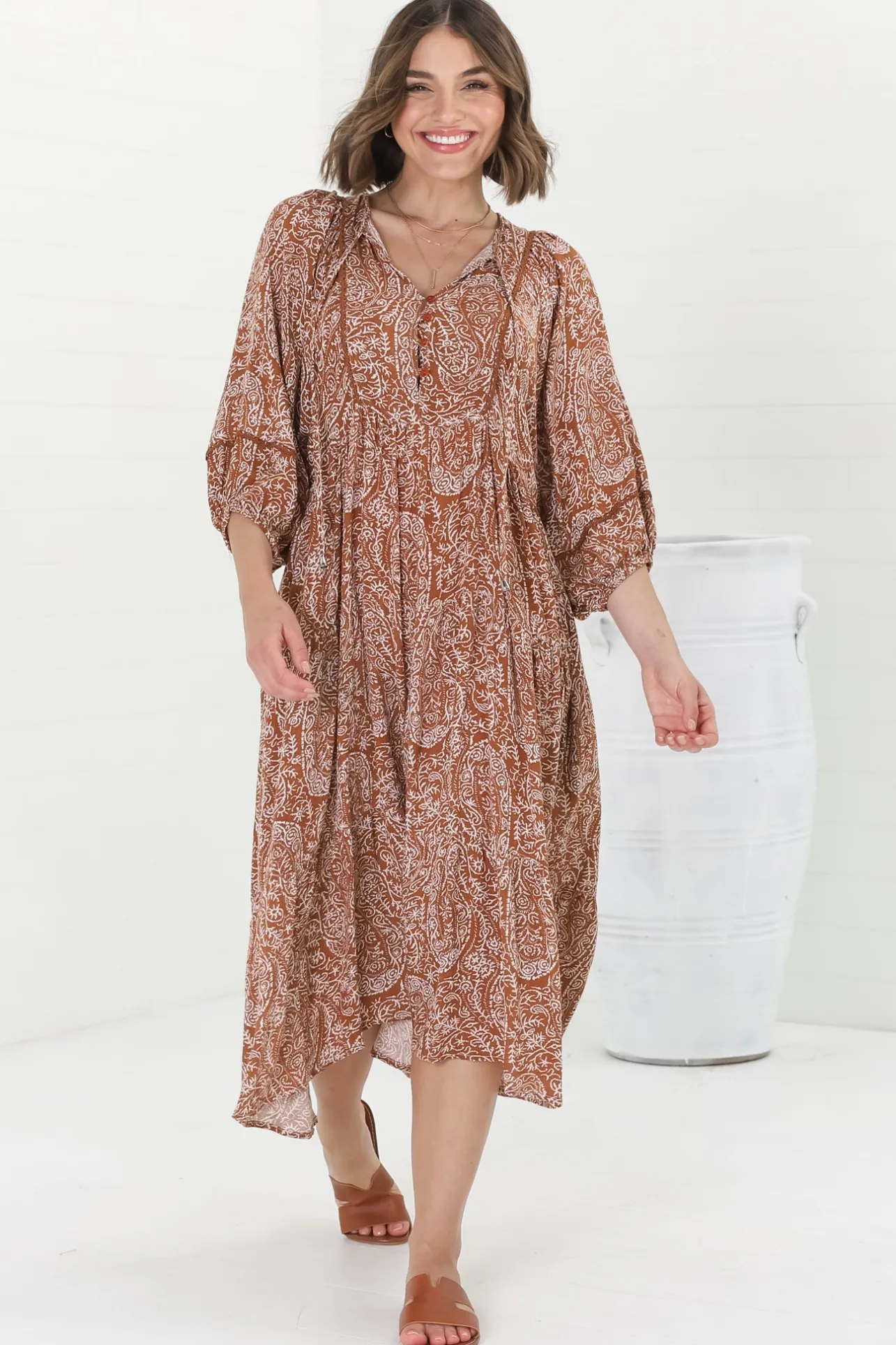 Kamali Midi Dress - Batwing Sleeve Smock Dress with Lace Detailing in Khalid Print Rust>Salty Crush Hot