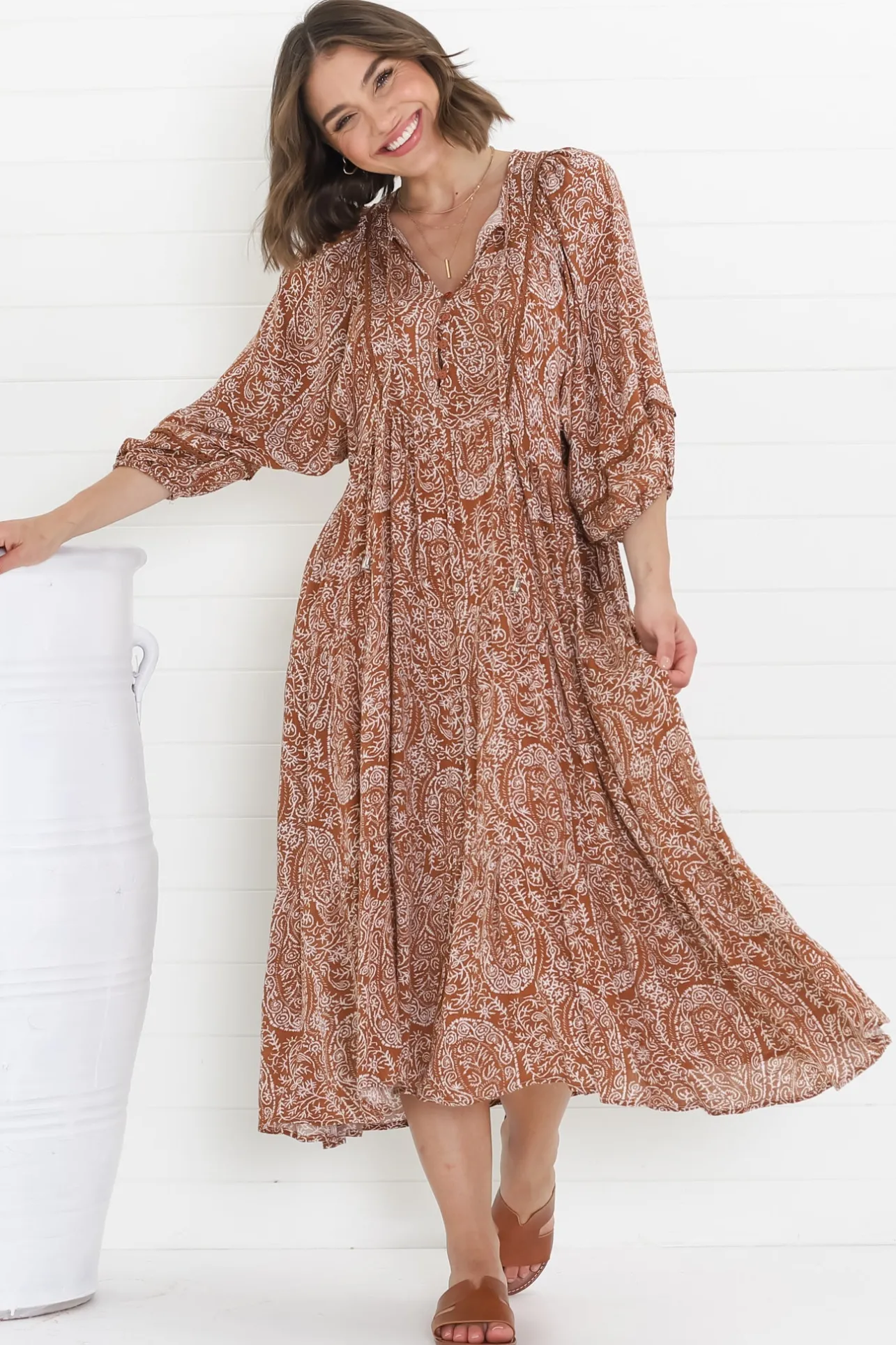 Kamali Midi Dress - Batwing Sleeve Smock Dress with Lace Detailing in Khalid Print Rust>Salty Crush Hot