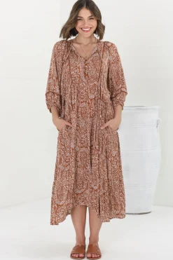 Kamali Midi Dress - Batwing Sleeve Smock Dress with Lace Detailing in Khalid Print Rust><noscript><img width=