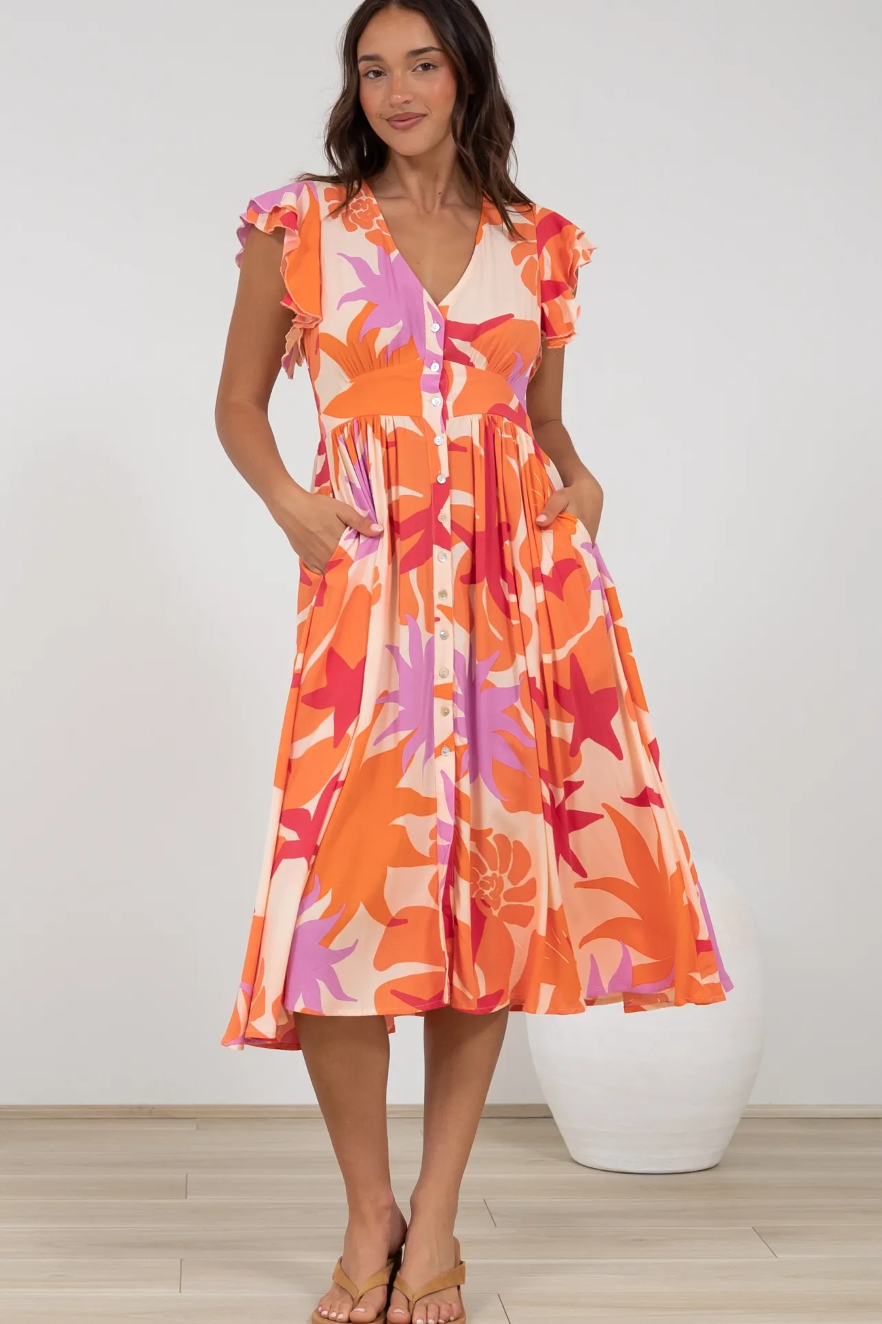 Karah Midi Dress - V Neck Frill Sleeve Dress in Kendal Print>Salty Crush Clearance