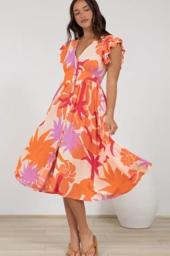 Karah Midi Dress - V Neck Frill Sleeve Dress in Kendal Print>Salty Crush Clearance